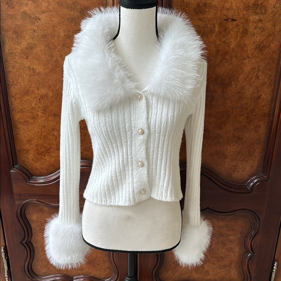 SHEIN Allurite Faux Fur Trimmed Rib Knit Cardigan - Picture 8 of 17
